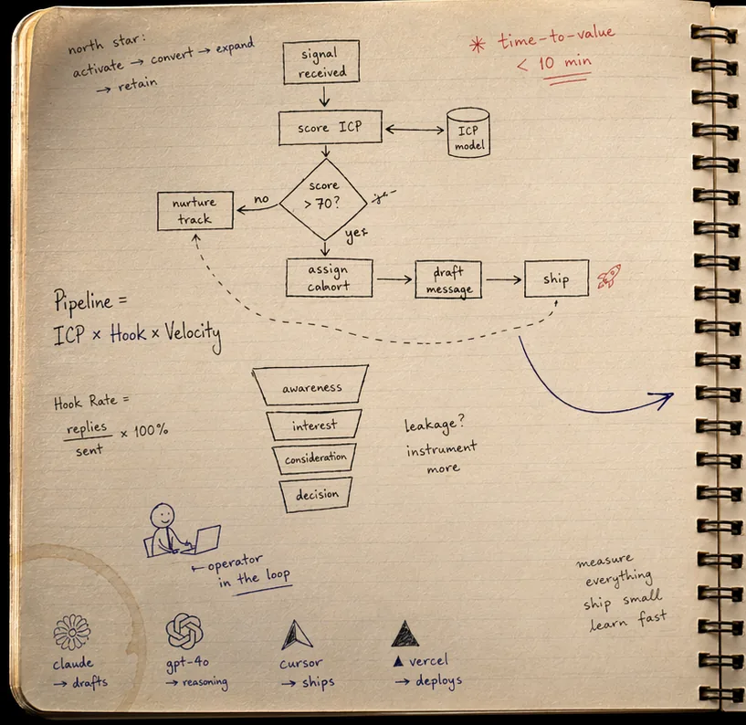 A notebook page with a go-to-market process sketched by hand
